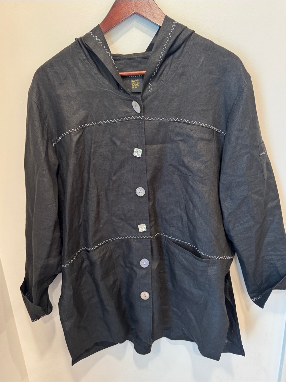 Vintage Mureli Collection 100% Linen Hooded Jacket Black Button Front Top L